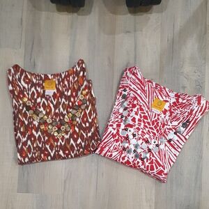 Ruby Road 2 Red Patterned Tops with Beaded Neckline Size Medium